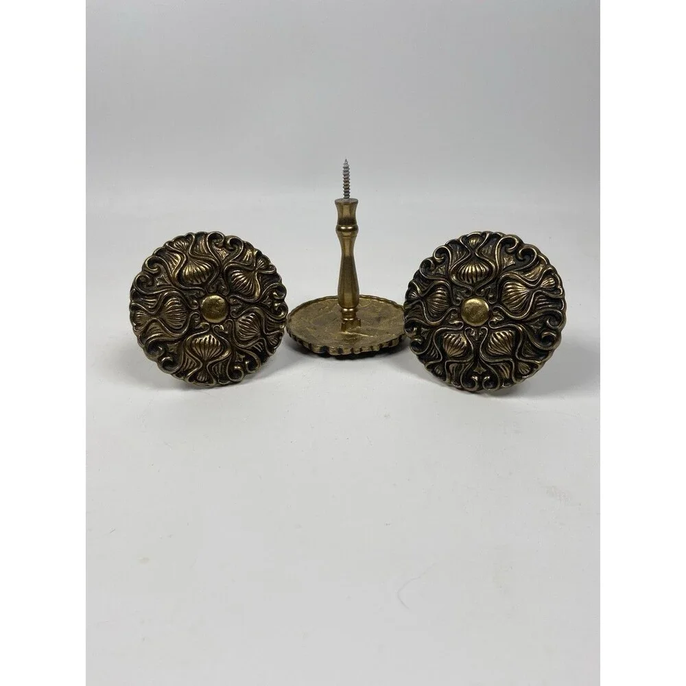 3 Vintage Ornate Brass Round Medallion Curtain Drapery Hold Backs Tiebacks MCM